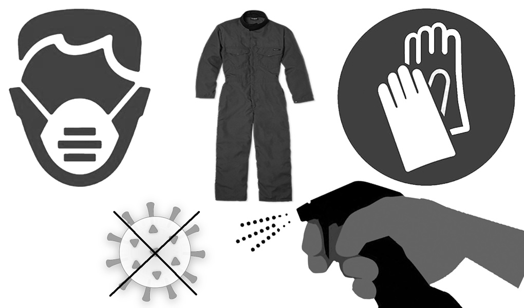anicated image of sanitation items such as mask, overall, spray bottle